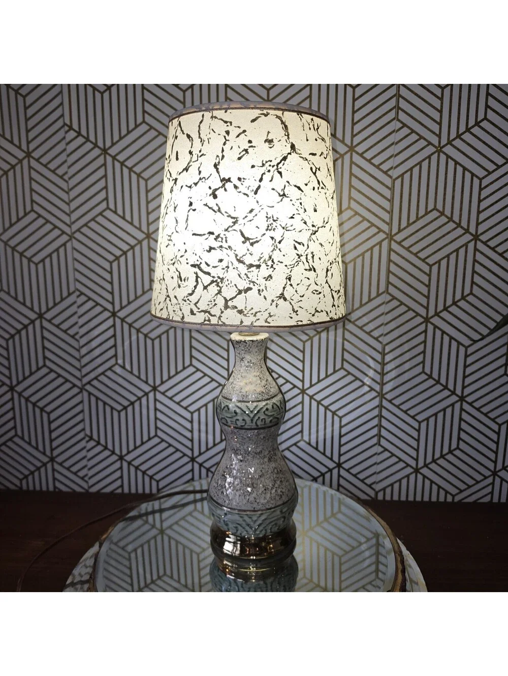 Vintage Midcentury White Green Gold Ceramic Accent Lamp Atomic Fiberglass Shade